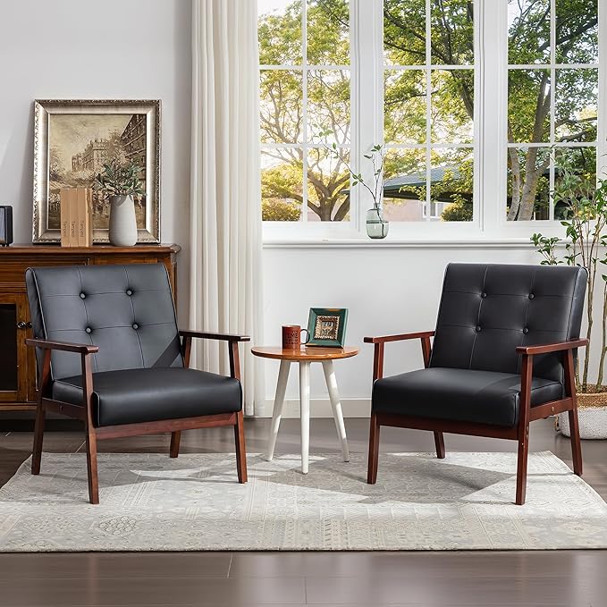STHOUYN Black Leather Accent Chair for Office Waiting Room Lobby Chair with Wooden Arms Mid Century Modern Small Armchair Living Room Sofa Set (Black)
