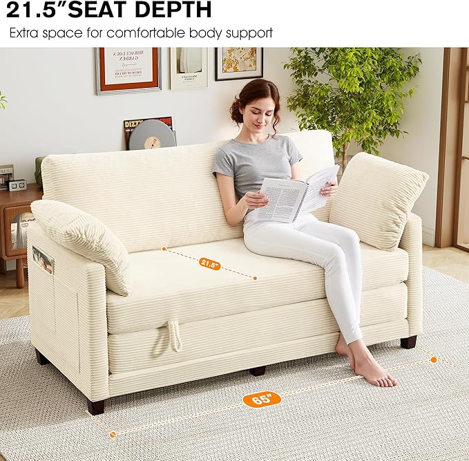 65 Loveseat Sleeper Sofa Bed Corduroy Convertible Sofa Bed for Small Spaces Folding Couch Bed with Deep Seat 2 Pillows &amp Solid Frame Pull Out Floor Couches for Living Room Beige