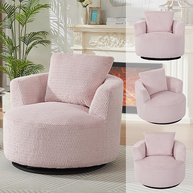 39 Pink Swivel Accent ChairBig Comfy Swivel Chair with PillowUpholstered ArmchairFaux Fur Swivel Sofa Chair for BedroomRound Oversized Chairs for Living Room