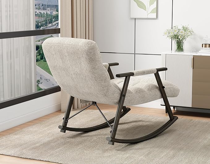 5-in-1 Folding Rocking Lounge Chair Indoor with 5 Angles Adjustable High Back+ Foot Rest Heavy Duty Casual Tufted Upholstered Glider Recling Chair For Living Room Bedroom Balcony (Teddy White)