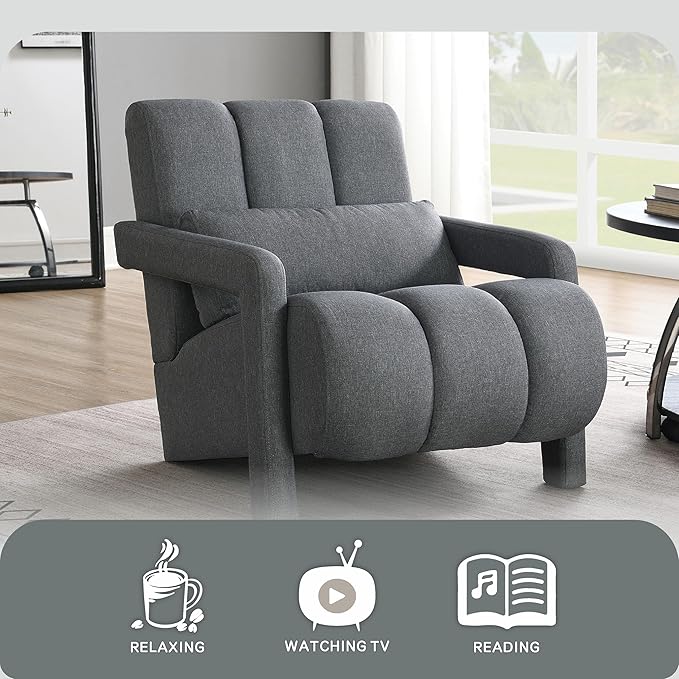 Accent Chair Modern Upholstered Armchair with Pillow Breathable Linen Fabric Comfy Reading Chair for Living Room Bedroom Small Spaces Office Study Grey