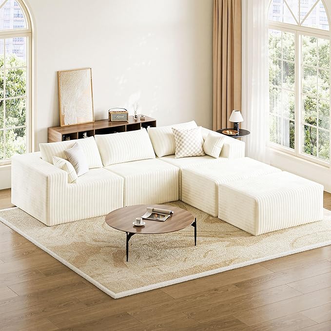 110 Boneless Couches for Living Room Cloud Couch Modular Sectional Sofa with Deep Seat Plush Large Foam SofaU-Shape Sofa CouchNo Assembly Required White (Plush Corduroy Fabric)
