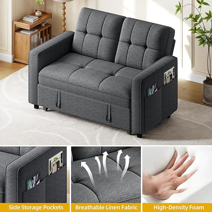 YITAHOME 55 Convertible Sofa Bed 3-in-1 Pullout Sofa Linen Sleeper Sofa with Reclining Backrest and Side Pocket Modern Futon Couch for Living Room Bedroom Apartment Grey