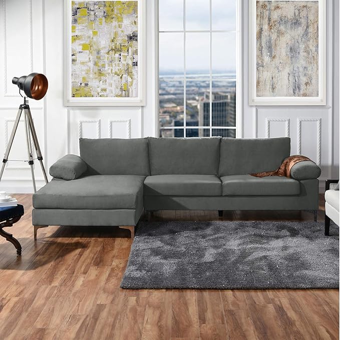 Casa Andrea Milano LLC Modern Large Velvet Fabric Sectional Sofa L-Shape Couch with Extra Wide Chaise Lounge Grey