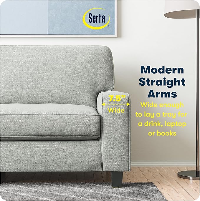 Serta Palisades 73 Track Arm Sofa Easy Care Polyester Soft Pillow Back Pocket Coil Seat Cushions Removable Covers Loveseat or Couch for Small Spaces Living Rooms or Bedrooms Pebble Gray