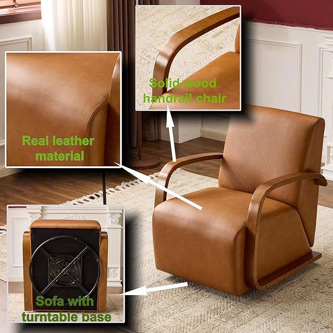 Vintage-Inspired Swivel Accent Chair with Luxe Faux Leather &amp Solid Wood Armrests Ergonomic Comfort for Living Room Office and Bedroom Compact Single Seater