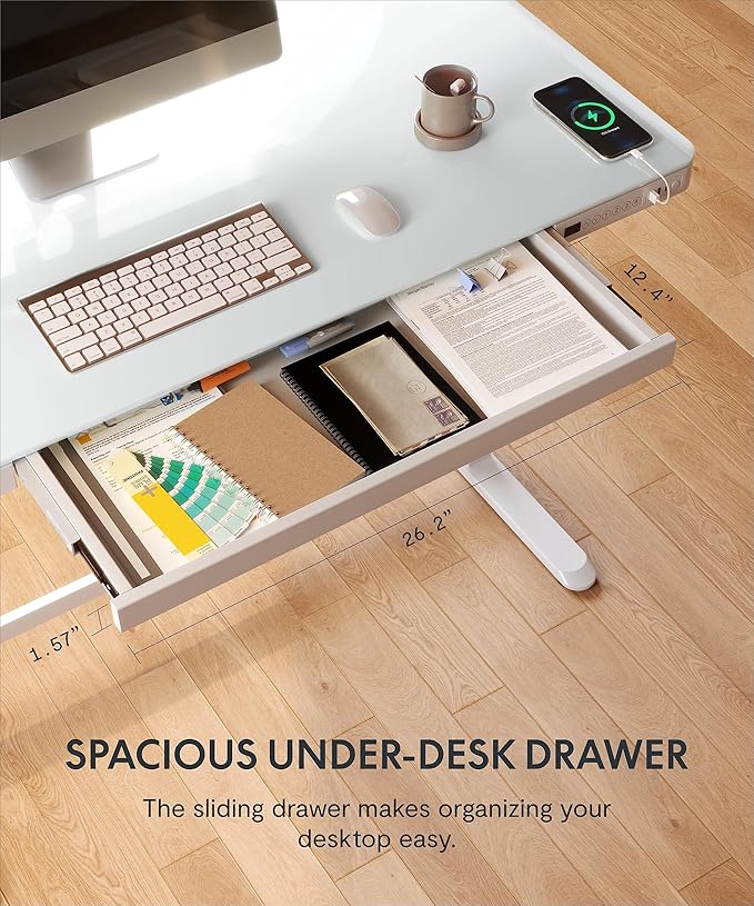 SANODESK Standing Desk with Drawer Electric Height Adjustable Home Office Desk with Storage &amp USB Ports 48 inch Tempered Glass Tabletop/White Frame