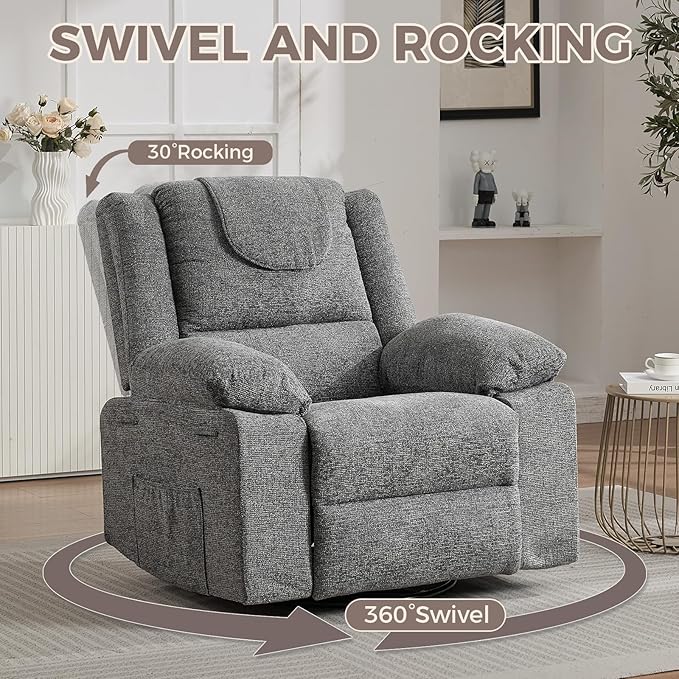 Adults Oversized Rocking Nursery Glider Recliner Chair360° Swivel Rock Recliner Chairs Single Sofa with Vibration Massage and Heating for Living Room/BedroomGrey