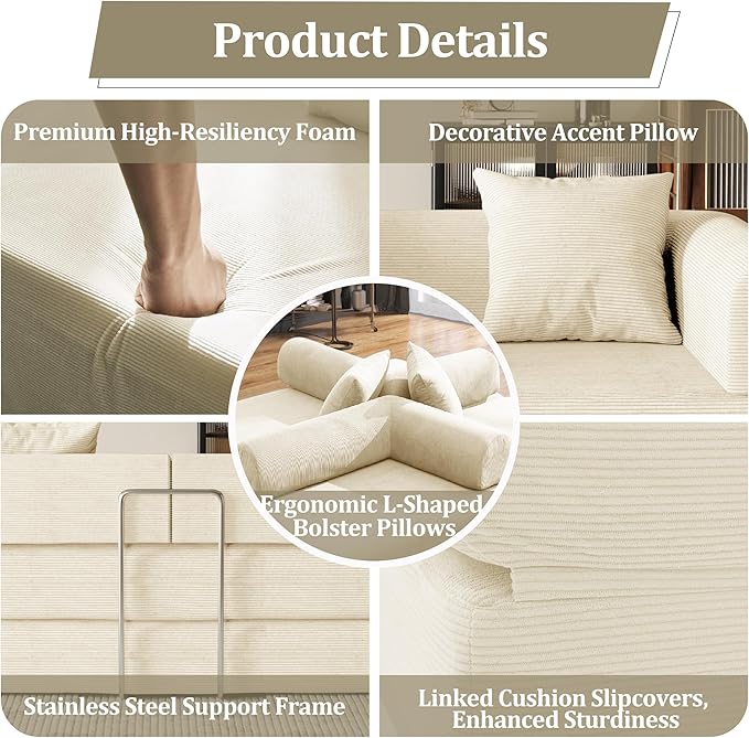 59'' Convertible Compressed Corduroy Folding Cloud Sofa Bed Modern Boneless Pull Out Loveseat Sleeper in a Box 4 in 1 Floor Mattress Futon Cloud Couch No Assembly Needed Beige 2 Pillows Queen
