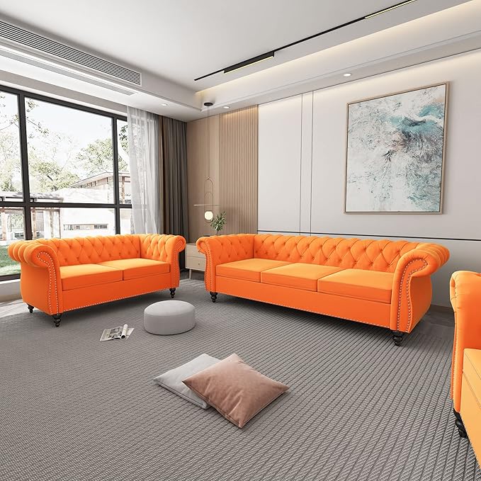 AVZEAR 2-Piece Living Room Sectional Sofa Set Upholstered Sofa Modern Sofa Couches Set Style Button Tufted Velvet Chesterfield Sofa for Living Room Apartment 2+3 Seat Orange