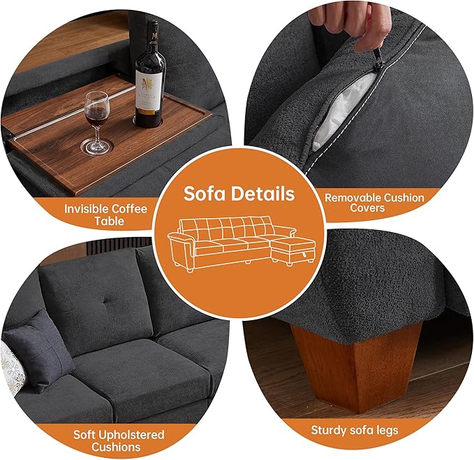 108 Sectional Sofa Convertible L Shaped Sofa with Ottoman and Large Storage 4 Seat Sectional Couch with Cup Holder Couches for Living Room Apartment Office (Dark Grey)