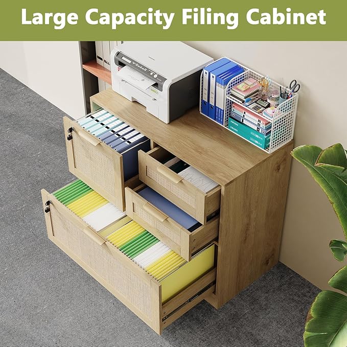 HOPUBUY Lockable 4 Drawers File Cabinet Set of 2 Lateral Filing Cabinet with Printer Stand for Home Office and School Wood Rattan File Cabinet for Hanging Files/Letter/Legal/A4/F4 Size Oak