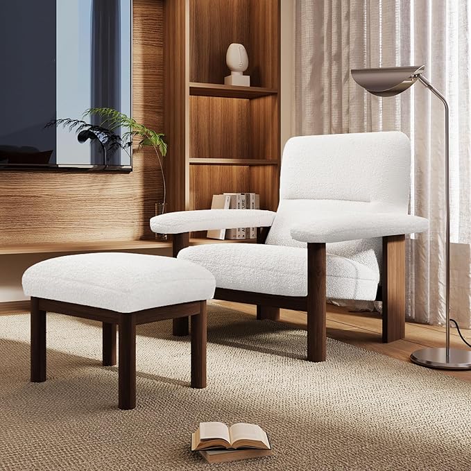 Modern Accent Chair with Ottoman Mid Century Lounge Chair with footrest Comfy Fabric Armchair Upholstered Set with Solid Wood e for Living Room