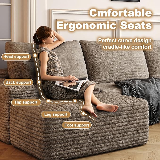 108 Sectional Couches for Living Room Cloud Couch Sofa with L-Shape Upholstered Boneless Couchs Modern Modular Sectional Couch with Chaise (Camel 108 Right Facing Chaise+2Seaters+1Ottoman)
