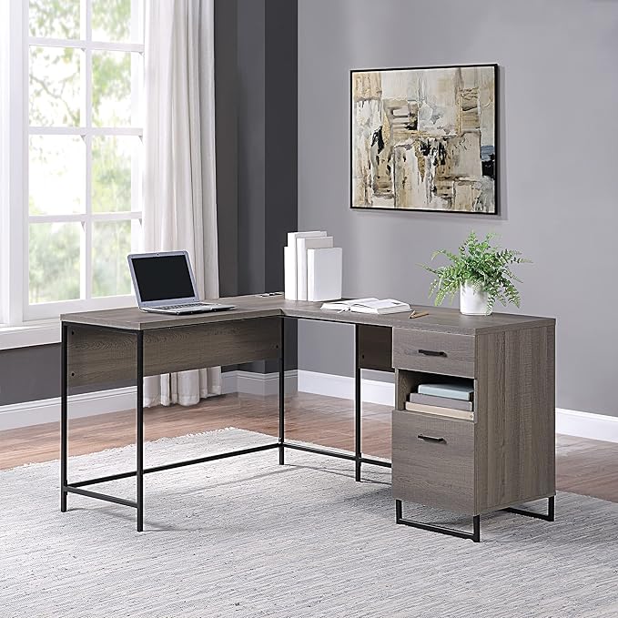 OSP Home Furnishings Hagney Lane L-Shape Desk with AC and USB Power Hub and Storage Farm Oak