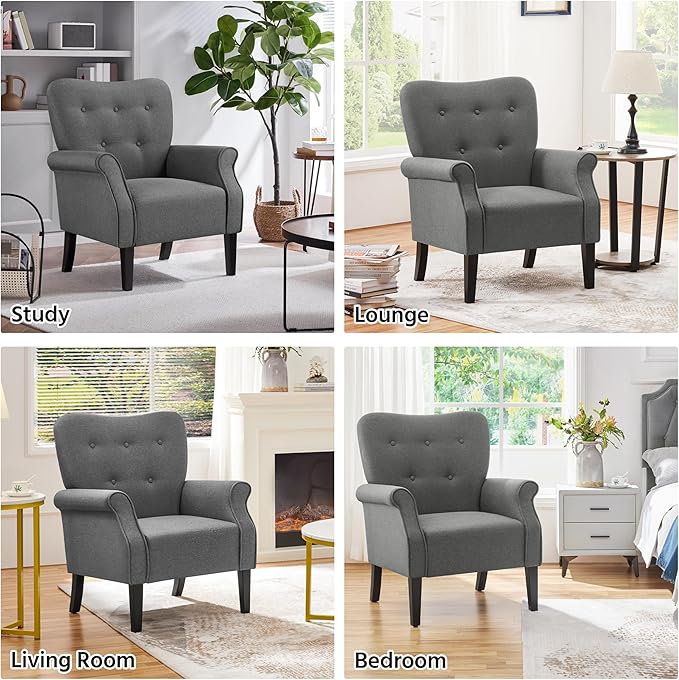Yaheetech Modern Armchair Mid Century Accent Chair with Sturdy Wood Legs and High Back for Small Space Upholstered Fabric Sofa Club Chair for Living Room/Bedroom/Office Dark Gray