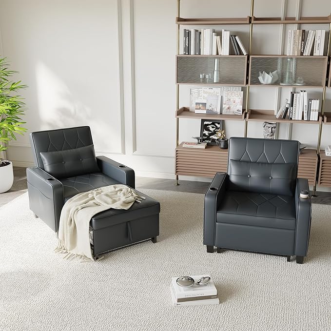 AILEEKISS 3 in 1 Convertible Sleeper Chair Bed Pull Out Sofa Chair Bed with Cup HoldersUSB &amp Type C PortsSide Pockets Linen Fabric Sleeper Single Sofa Couch for LivingroomApartmentOffice (Blac
