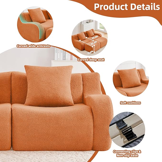 115.3 Inches Sectional Boneless Cloud Couch Super Soft Comfortable Curved Armrest Deep Seat Sofa with Pillow and Ottoman Sectional Couches for Living Room No Assembly Required