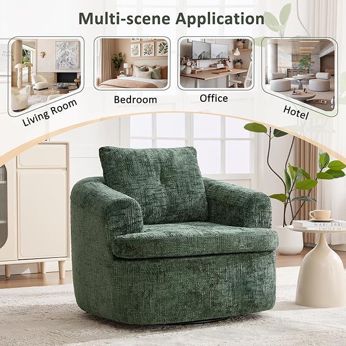 Merax 360° Swivel Sofa Chair Chenille Fabric Accent Barrel Chair 36.6 Swivel Round Chair with Dual-Layer Cushion Design for Living Room Bedroom Office and Hotel Green
