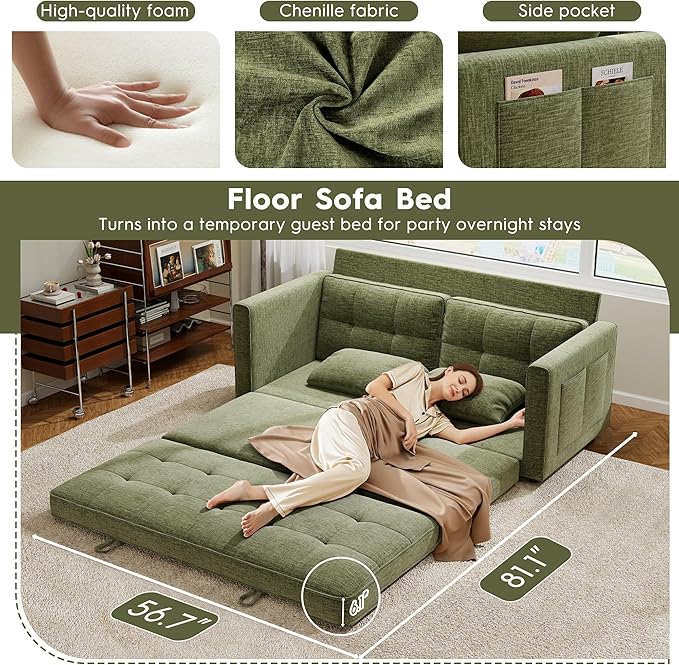 65 Convertible Folding Sofa Bed Pull Out Couch Love Seat Sleeper Bed Small Fold Out Loveseat Sleeper with Cup Holder and Pillow for Small Space Bedroom Lounge Dorm Living Room(Green)