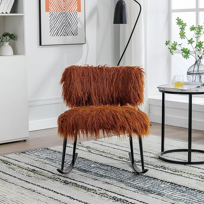 Faux Fur Rocking Chair Modern Comfy Faux Fur Accent Nursery Chair Baby Nursing Chair Accent Rocking Chair for Bedroom Living Room Home StudioNursery Room Lounge Caramel