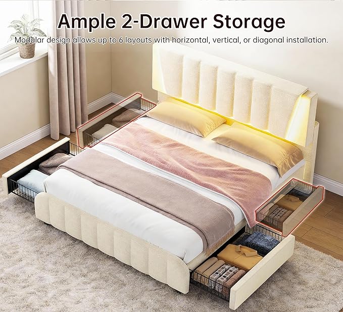 Full Bed Frame with 2 Storage Drawers Modern Linen Bed with Upholstered Headboard Bed Frame with Adjustable Upholstered Headboard &amp LED Lights No Box Spring Needed Beige