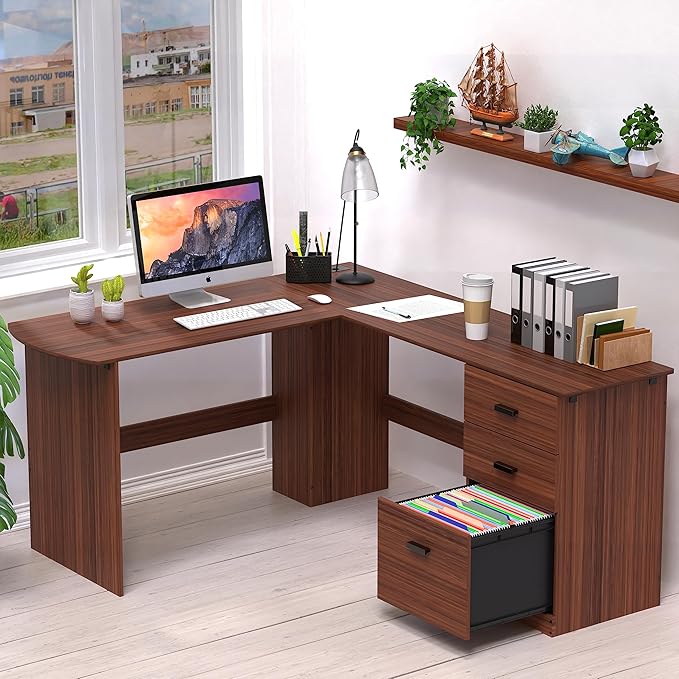 SHW 51 x 59 Inches L-Shaped Home Office Wood Corner Desk with Box Box File Drawers Walnut