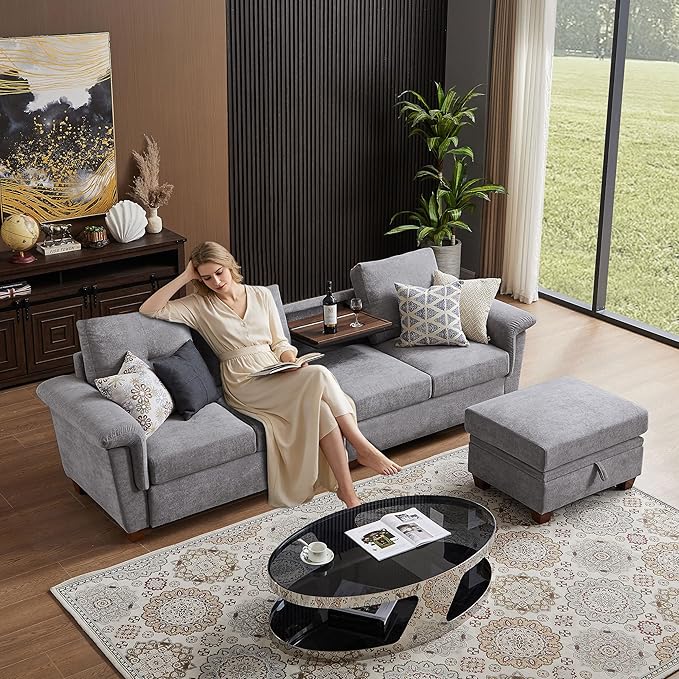 108 Sectional Sofa Convertible L Shaped Sofa with Ottoman and Large Storage 4 Seat Sectional Couch with Cup Holder Couches for Living Room Apartment Office (Light Grey)
