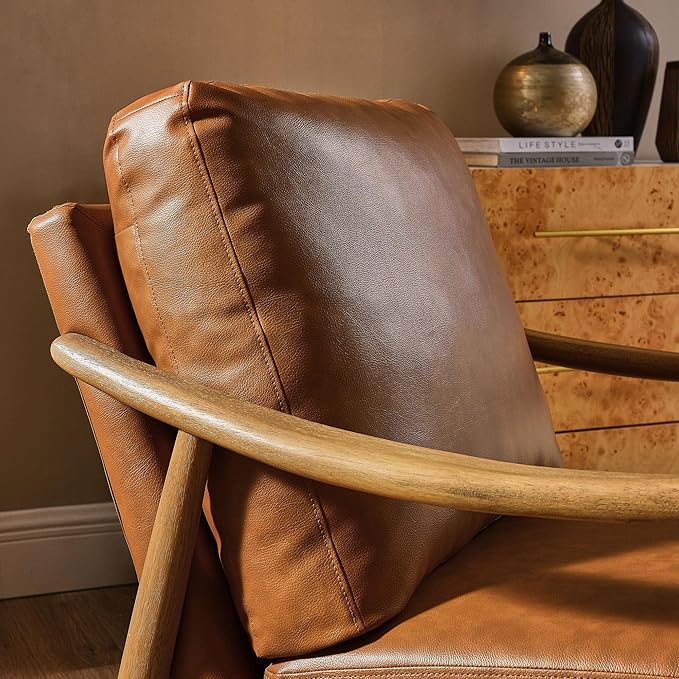 Modway Langford Faux Leather Upholstered Armchair – Mid-Century Modern Armchair with Wood Frame – PU Leather Accent Chair for Living Room or Bedroom