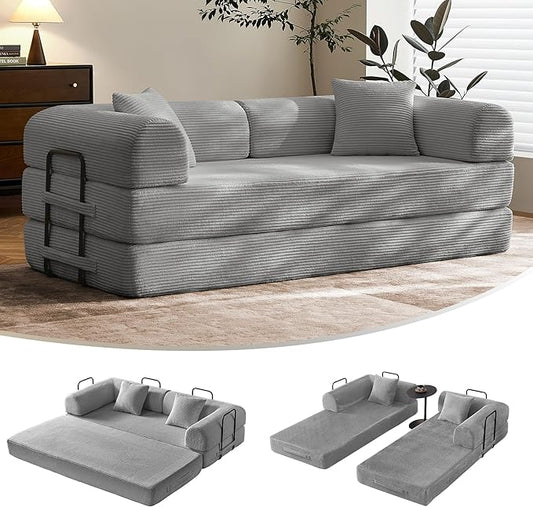 79 Convertible Floor Sofa Bed 5-in-1 Modular Sleeper with Removable Parts No Assembly Corduroy Futon from Sofa to Oversized Bed Non-Slip Base for Living Room Dorm (Light Gray)