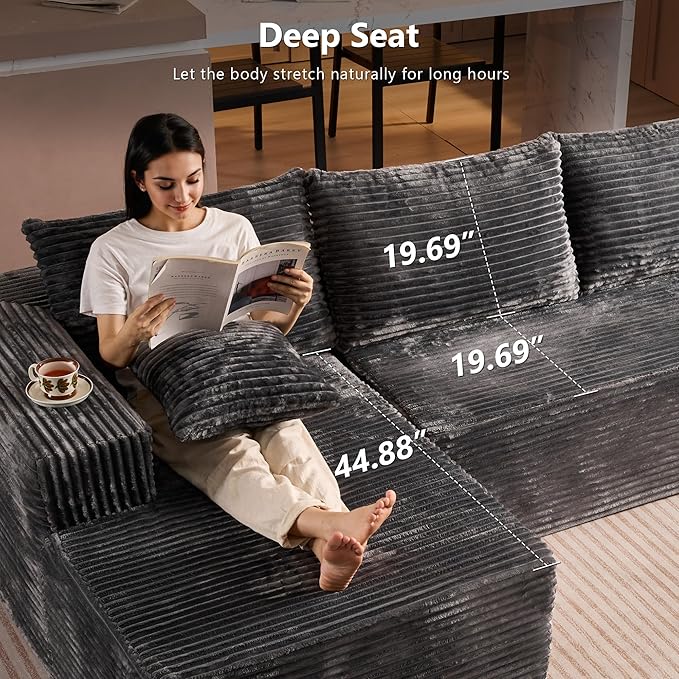 135 U-Shaped Cloud Sectional Couch Plush Corduroy Modular Sofa with Double Chaise No Assembly Deep Seat Boneless Sofa Set for Living Room (Gray U-Shape)