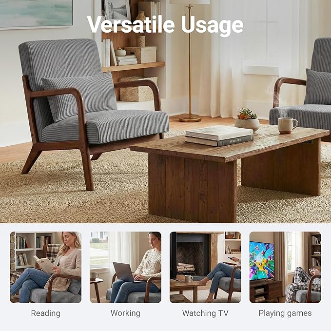 Accent Chair Comfy Arm Chair with Solid Wood Frame Upholstered Mid-Century Modern Chair for Living Room Bedroom Waiting Room Dark Grey