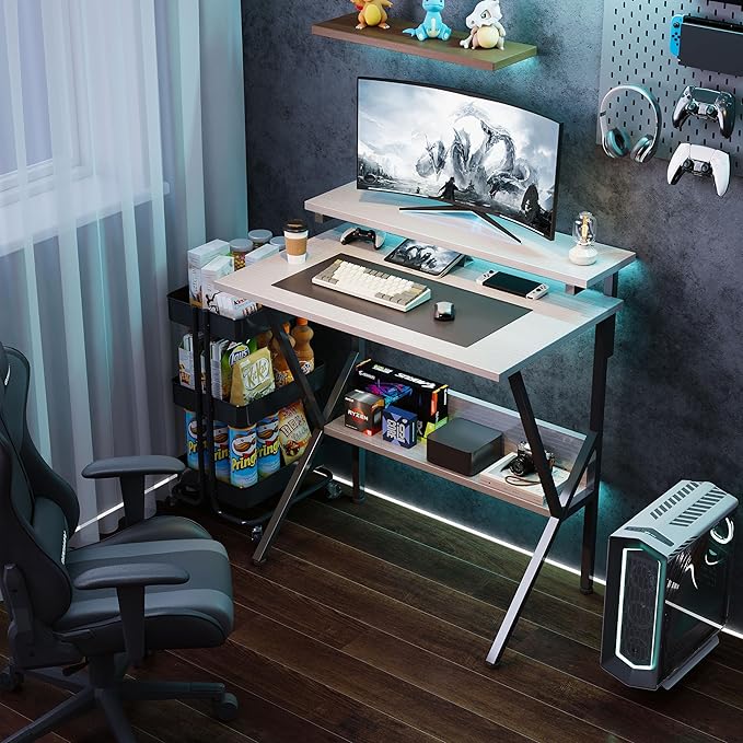 COTUBLR Small Desk Small Computer Desk for Spaces 27.5 Inch Computer Desk with Adjustable Monitor Stand Compact Desk with Storage for Bedroom Home Office White Tabletop+Black Frame