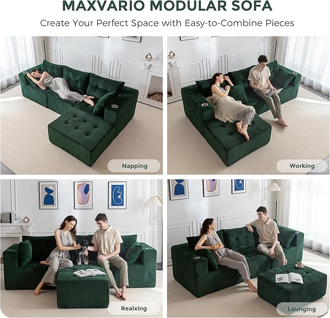 MAXYOYO Modular Sectional Sofa Couch L Shaped Modern Cloud Couch with Ottoman Sofa in A Box Tufted 4-Seat Boneless Sleeper Chair for Living Room No Assembly Required Green