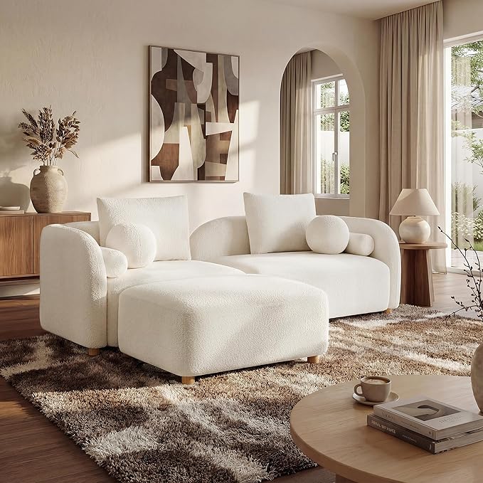 Modern Sherpa Boucle Ottoman Comfy Modular Cloud Couch Ottoman Apartment Cream White
