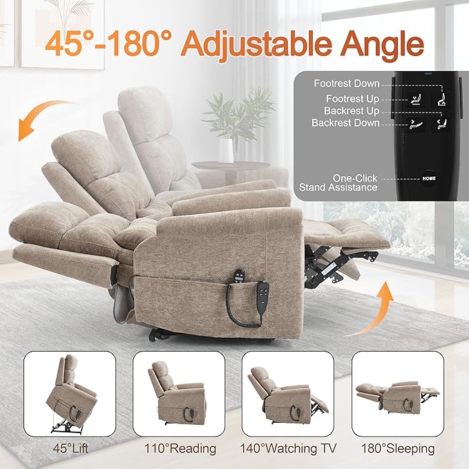 Power Lift Recliner Chair for Elderly People Dual Motor Lay Flat Recliner with Vibration Massage and Heat Heavy Duty Motion Mechanism Standing Assistance Reclining Chair Chenille Fabric Khaki