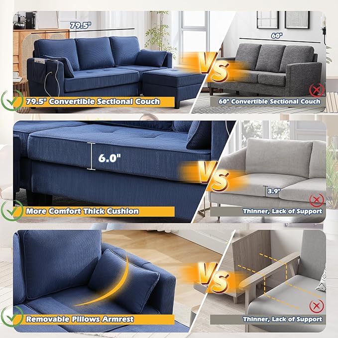 Grepatio Sectional Sofa Couch 80 L Shaped Convertible Sofa with 2 Pockets &amp USB Ports 3-Seater Comfy Cloud Modular Couches with Movable Storage Ottom for Living Room Apartment Small Space (Bl