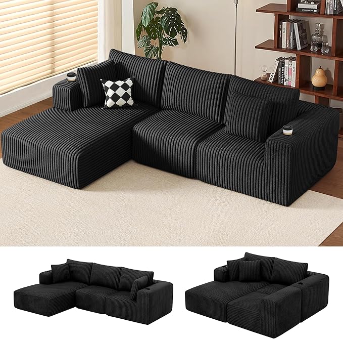 DURASPACE 108 Sectional Couch L Shaped Sofa Boneless Foam Cloud Couches with Chaise Fluffy Plush Corduroy Modular Couches for Living Room (Black Left Facing Chaise)