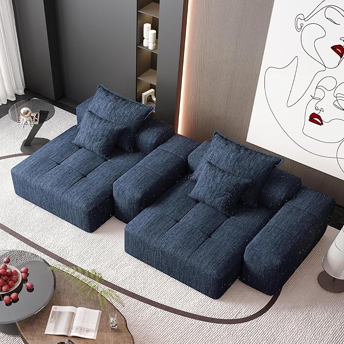 113'' Cloud Couch Modular Sectional Sofa Oversized Loveseat Compression Boneless Sofa with Deep Seat Chenille Sleeper Chaise Longue Minimalist Couches for Living Room Blue