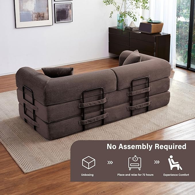 79 5-in-1 Folding Convertible Sofa Bed Oversized Corduroy Futon Floor Couch with Pull-Out Sleeper Modular Boneless Loveseat for Small Spaces Living Room Bedroom (Brown)