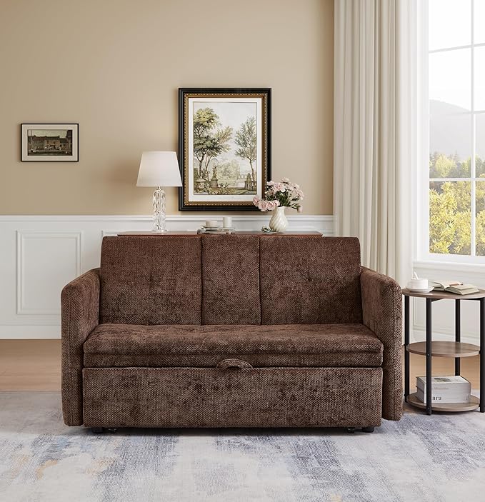 57.48 Convertible Sofa Bed with Cup Holder Pull Out Sleeper Sofa Bed with USB Charging Ports 3 in 1 Convertible Sleeper Sofa Bed for Living Room Apartment Bedroom RV Brown
