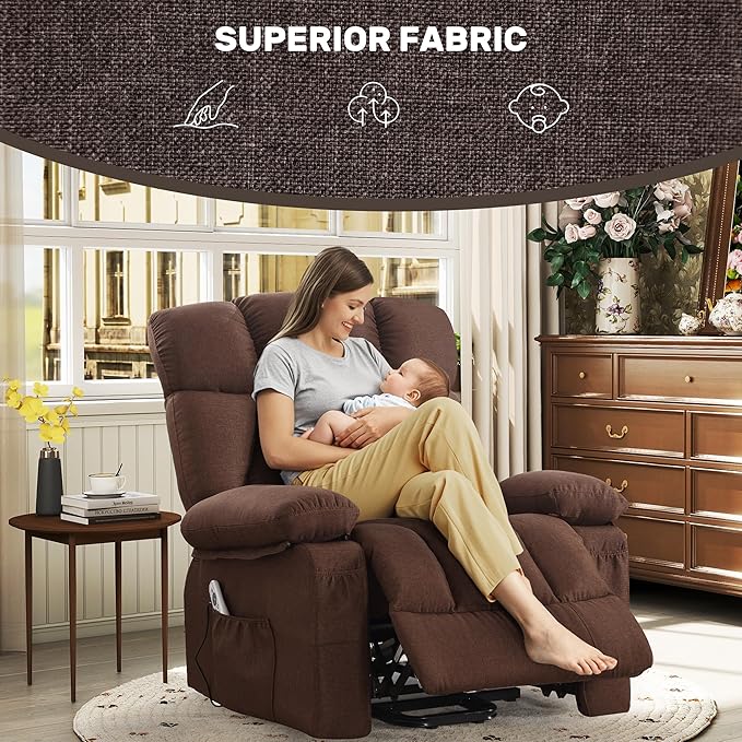 Power Lift Recliner Chair for Elderly Big and Tall Lift Chair with Massage and Heat for Living Room Fabric Electric Recliner Chairs with 4 Side Pockets USB Charge PortBrown