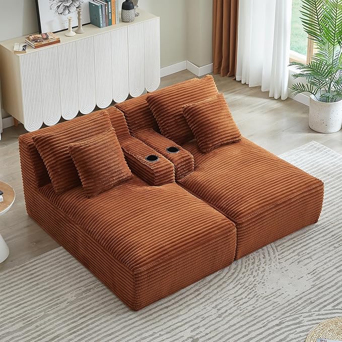 Oversized Double Chaise Lounge Chair Indoor Fluffy Upholstered Corduroy Sofa Bed with Throw Pillows Comfy Sleeper Deep Seat Sectional Loveseat Sofa Couch for Living Room (Orange)