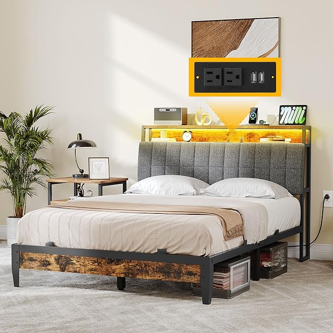 YITAHOME Full Size Beds with Charging Station 2-Tier Storage Headboard with RGB LED Lights Linen Upholstered Platform Beds Strong Wooden Slats No Box Spring Needed Noise Free Rustic Brown