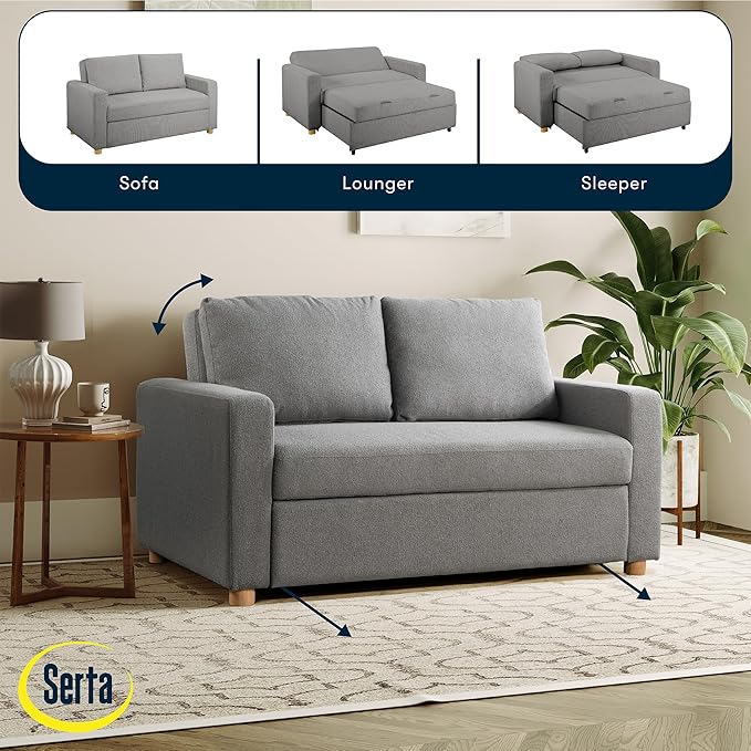 Serta Tulsa 66.1 Convertible Sleeper Loveseat Full Size Dreamcoil Comfort FingerGuard Pinch Point Protection Boucle Fabric Grey