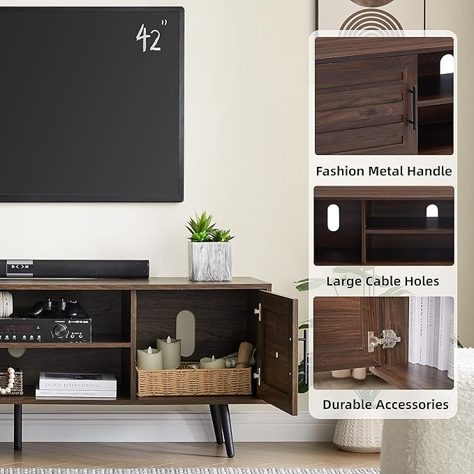 EDYO LIVING Mid Century Modern TV Stand for 65 TV Wood TV Stand with Storage Cabinet and Open Shelf Entertainment Center TV Console Table for Living Room Dark Walnut