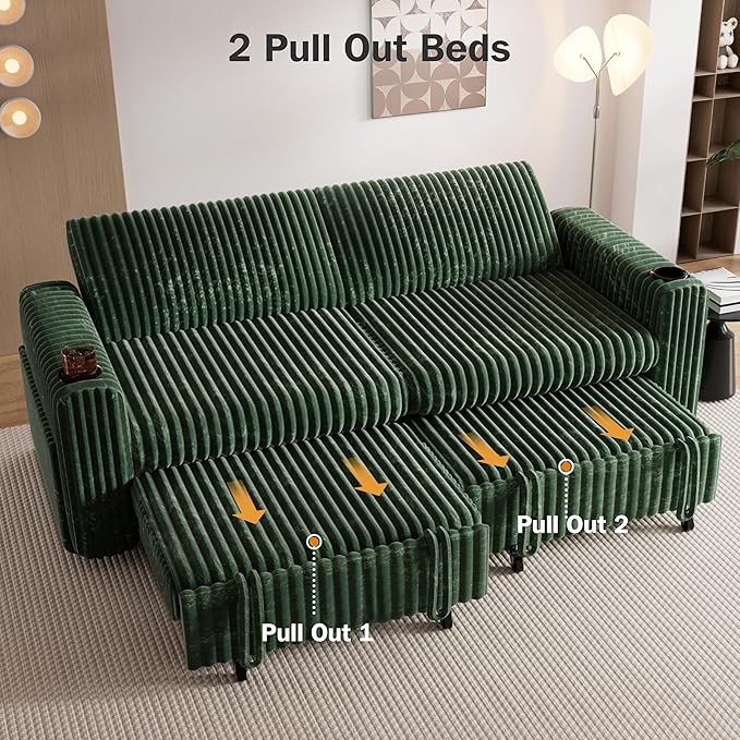 Sunny Heart 91 Plush Corduroy L Shaped Sectional Sleeper Sofa Bed with Pull Out Bed Reclining Backrest Reversible Storage Chaise USB Ports Cup Holders Tool Free AssemblyForest Green