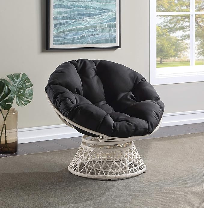 OSP Home Furnishings Wicker Papasan Chair with 360-Degree Swivel Cream Frame with Black Cushion