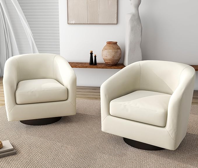 UIXE 360° Swivel Barrel Accent Chair Armchair Modern Round Club Arm Chair Upholstered Living Room Single Sofa Seating Bedroom Side Reading Seat in Fabric for Home Office (Beige)