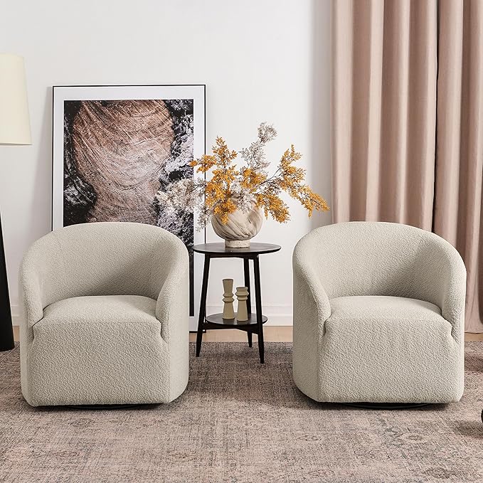 KINWELL 32 Wide Modern Boucle Swivel Barrel Chairs Set of 2 No Assembly Round Upholstered Swivel Accent Armchairs for Living Room Bedroom (Oatmeal)